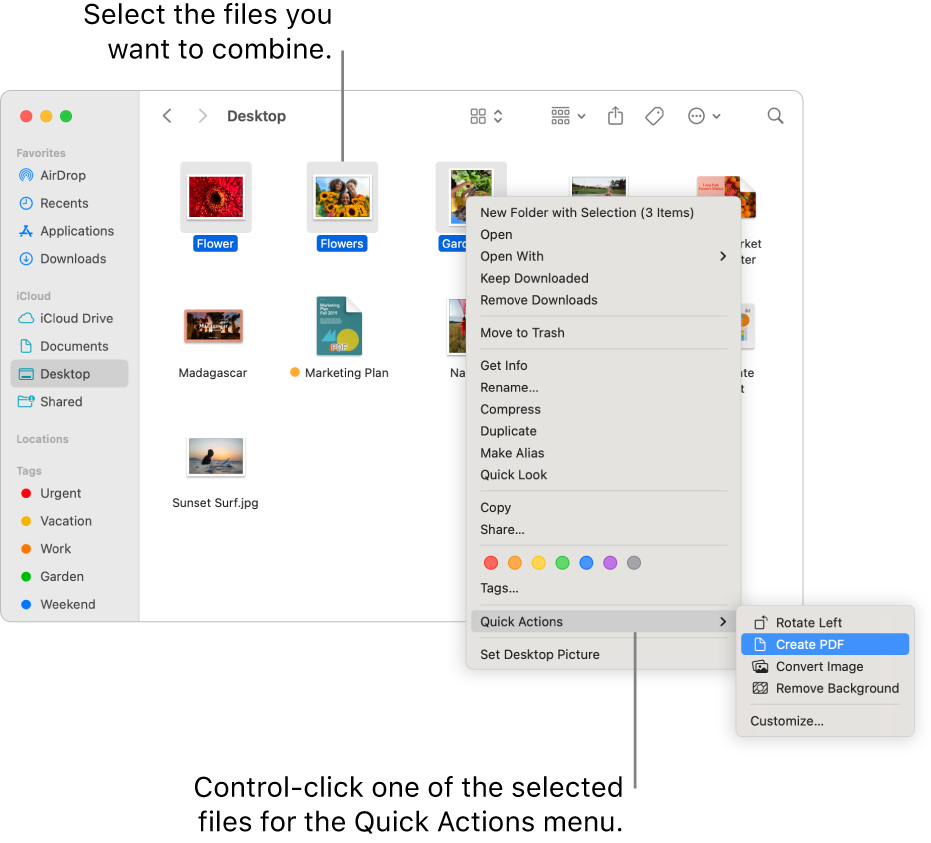 A Finder window containing files and folders, where three files are selected and Create PDF is highlighted in the Quick Actions menu.