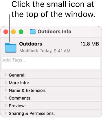 The Info window for a folder showing the generic icon for the folder selected.