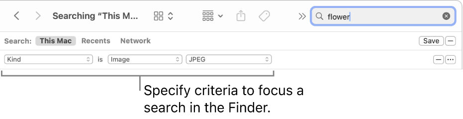 A Finder window with fields to specify search criteria.