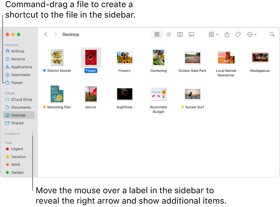 To the right of Locations in the Finder sidebar is an arrow to click to show additional items. In the Finder window on the right, a file is selected and a shortcut to the file is in the sidebar, below Favourites.