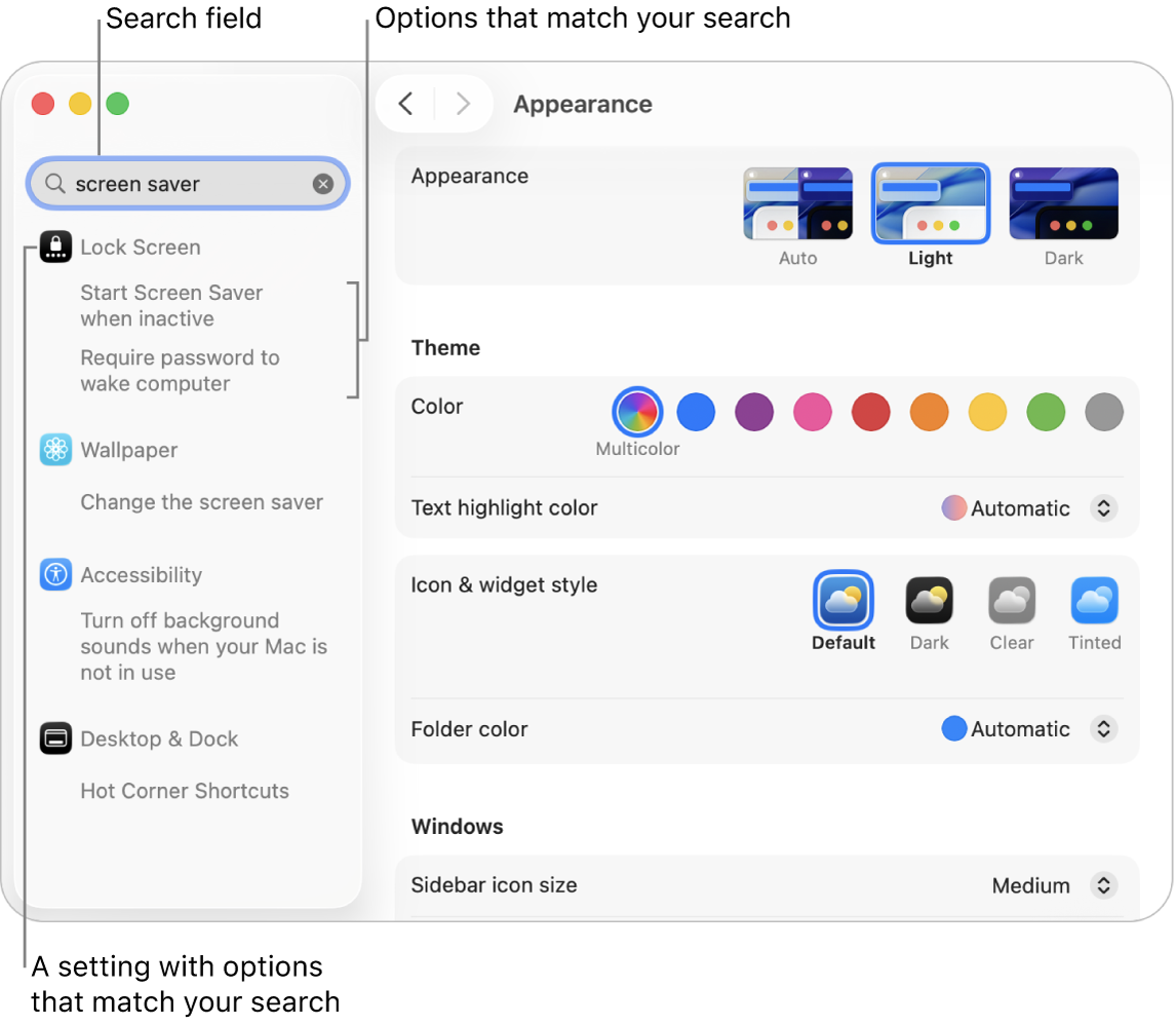 The System Settings window showing “screen saver” in the search field and a list of matching search results below the search field.