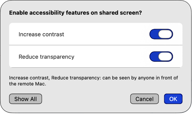 The Screen Sharing menu showing available accessibility features. Increase contrast and reduce transparency is turned on.