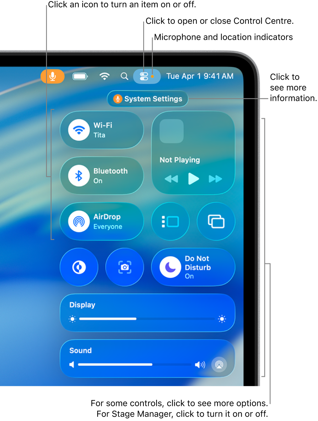 Control Centre in the top-right portion of the screen, showing controls for Wi-Fi, Focus, Sound and Now Playing, among others.