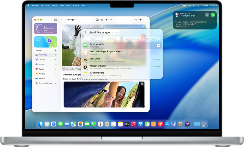 A Mac desktop showing the Journal app open behind a Spotlight search window with results below the search field. In the top-right corner, there’s a phone call on hold.