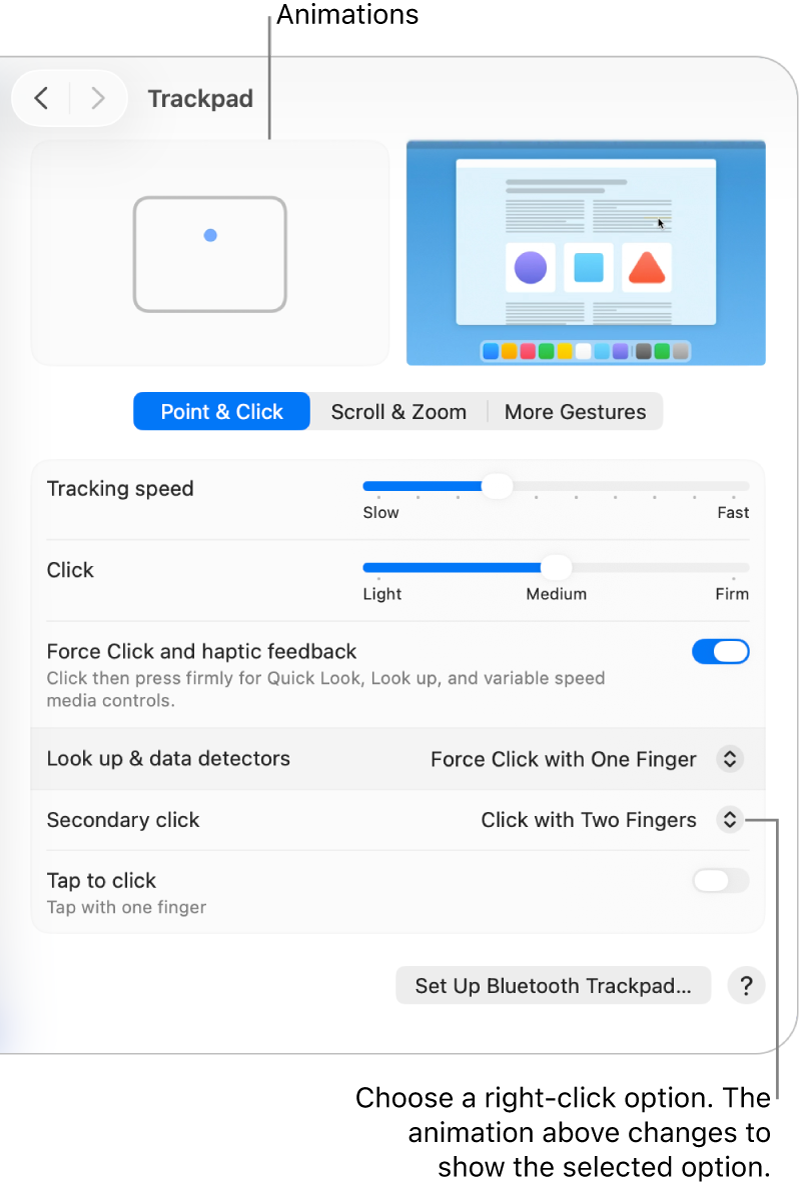 Trackpad options in System Settings showing the secondary click option set to Click with Two Fingers and the corresponding animation.