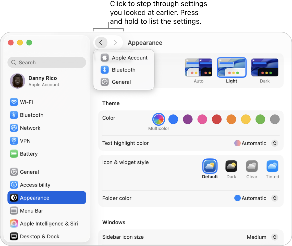 The System Settings window showing recently viewed settings below the Back button.