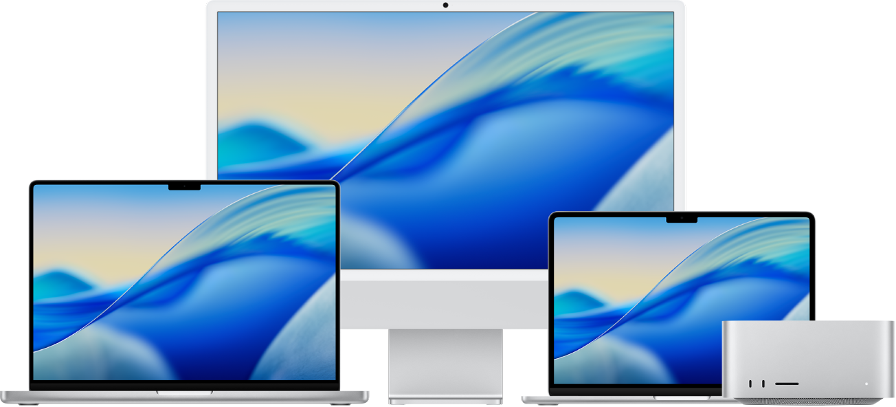 From left to right, a MacBook Pro, iMac and MacBook Air with colourful desktops. A Mac Studio is on the far right.