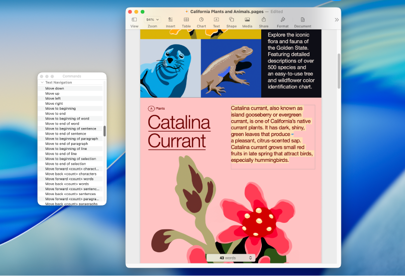 The Voice Control Commands window next to a Pages document. The Commands window lists commands for working with text.