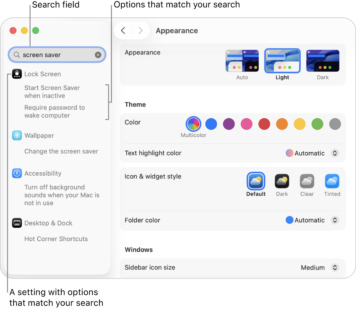 The System Settings window showing “screen saver” in the search field, and a list of matching search results below the search field.