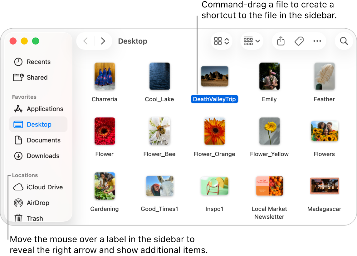 To the right of Locations in the Finder sidebar is an arrow to click to show additional items. In the Finder window on the right, a file is selected, and a shortcut to the file is in the sidebar, below Favorites.