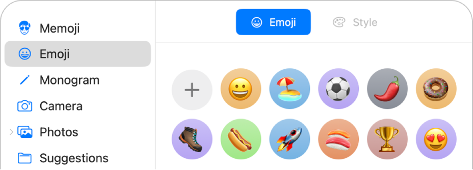 The Apple Account picture options with Emoji selected in the sidebar and various emoji shown.
