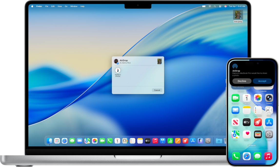 A Mac is next to an iPhone. The AirDrop dialog is open on the Mac desktop, ready to share a document with the iPhone. The iPhone screen has a notification about receiving the document.