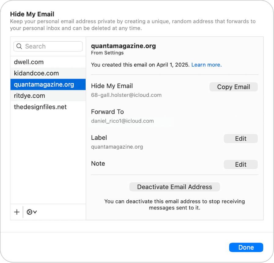 Options for managing email addresses created with Hide My Email.
