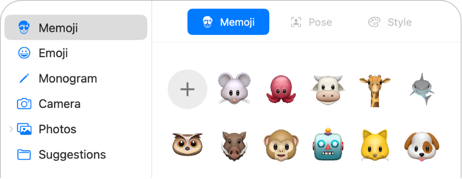 The Apple Account picture options with Memoji selected in the sidebar and various Memoji shown.