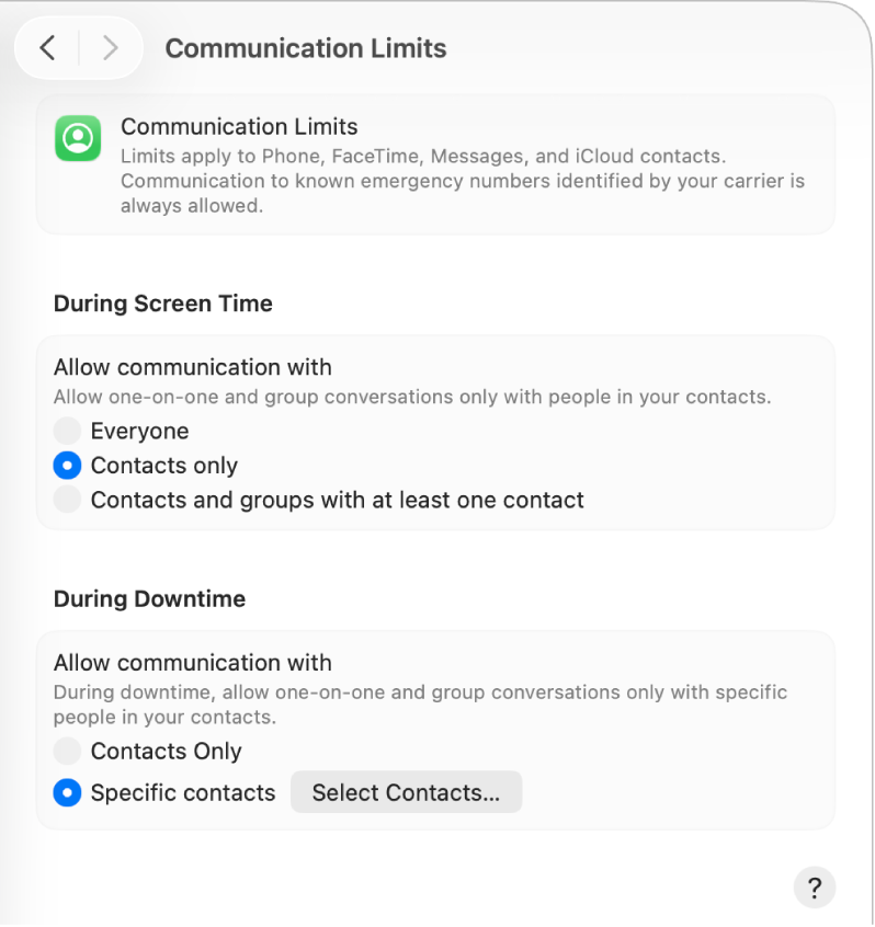 Communication Limits settings in Screen Time with options for allowing communication during screen time and downtime.