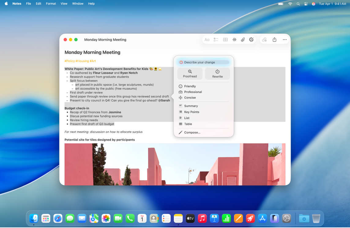 The Notes app on Mac showing a note with some text selected and the Writing Tools dialog open. The Writing Tools dialog has a Describe your change field at the top, and below that are options to proofread, rewrite, change the tone of writing, and summarize or reorganize text.
