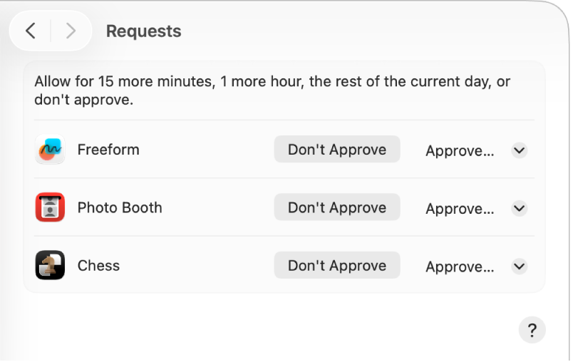 A child’s Screen Time settings screen showing three requests for additional time on three different apps. Each request has a Don’t Approve button and an Approve pop-up menu.
