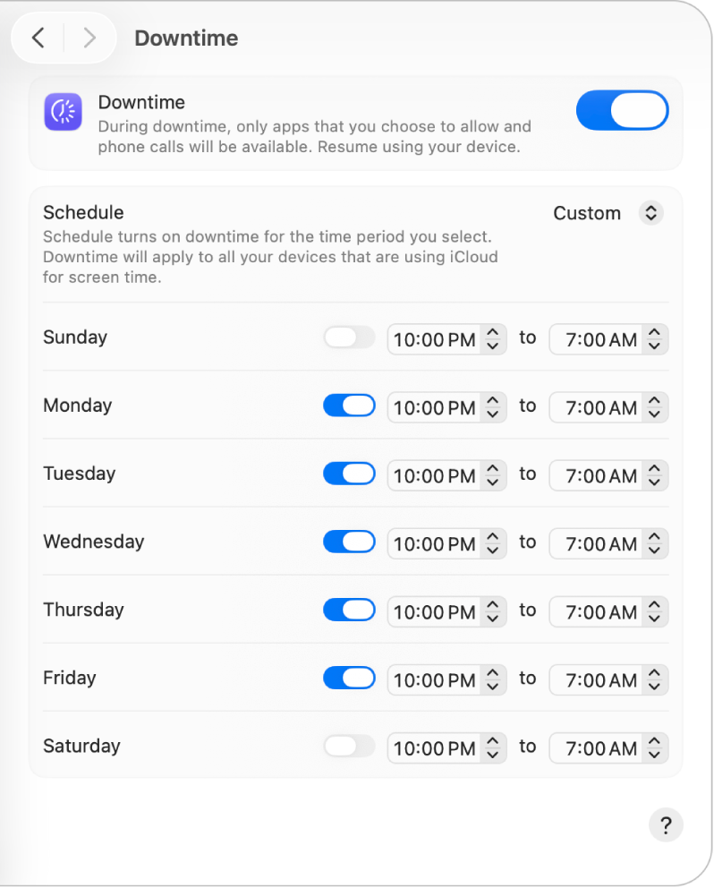 Downtime settings in Screen Time with Downtime turned on. A custom downtime schedule for each day of the week is set up.