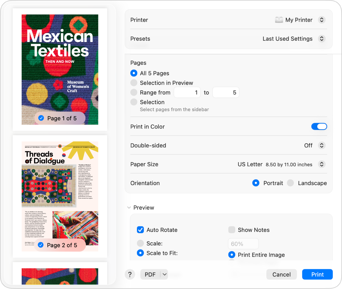 The Print dialog showing print options and a preview of your print job.