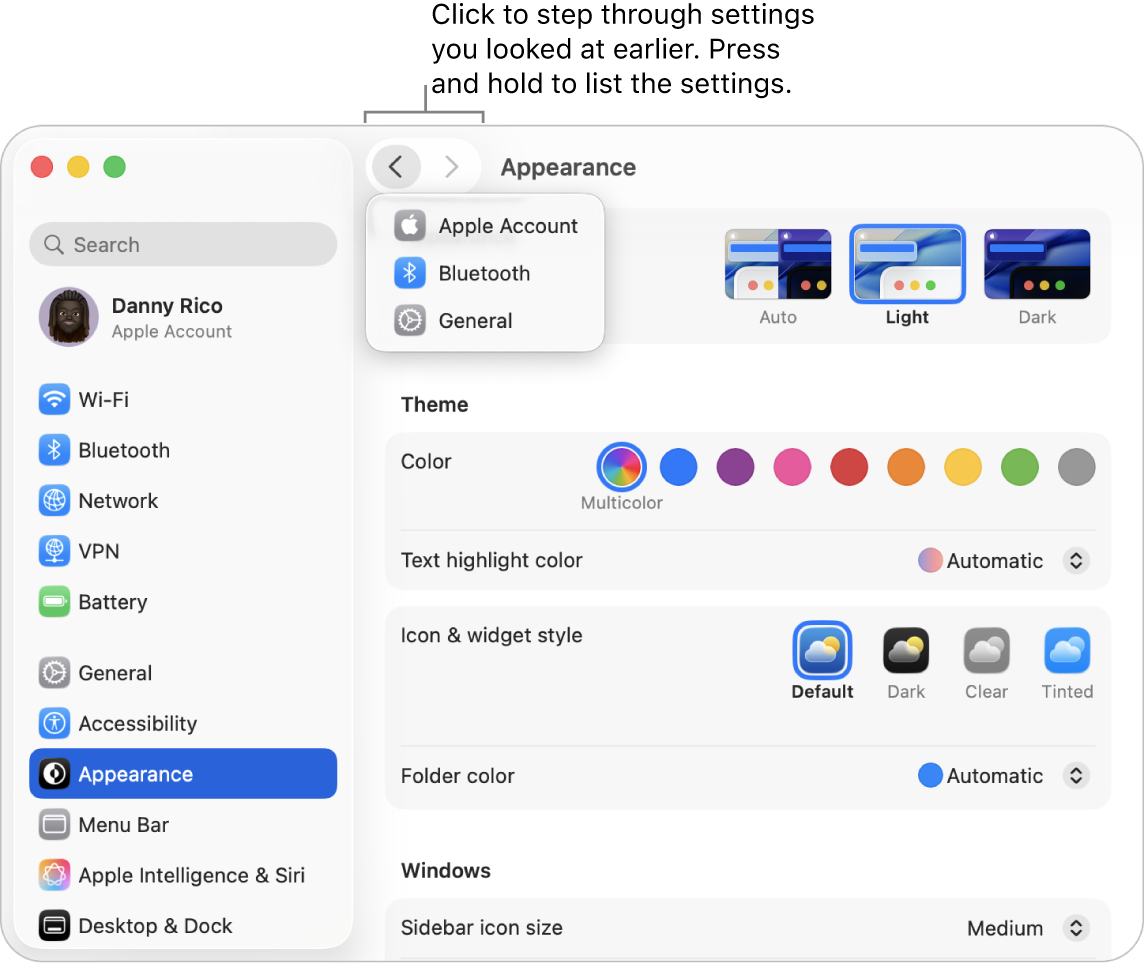 The System Settings window showing recently viewed settings below the Back button.