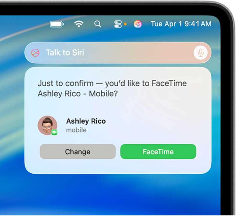 The Siri request field and response in the top-right corner of the Mac desktop.