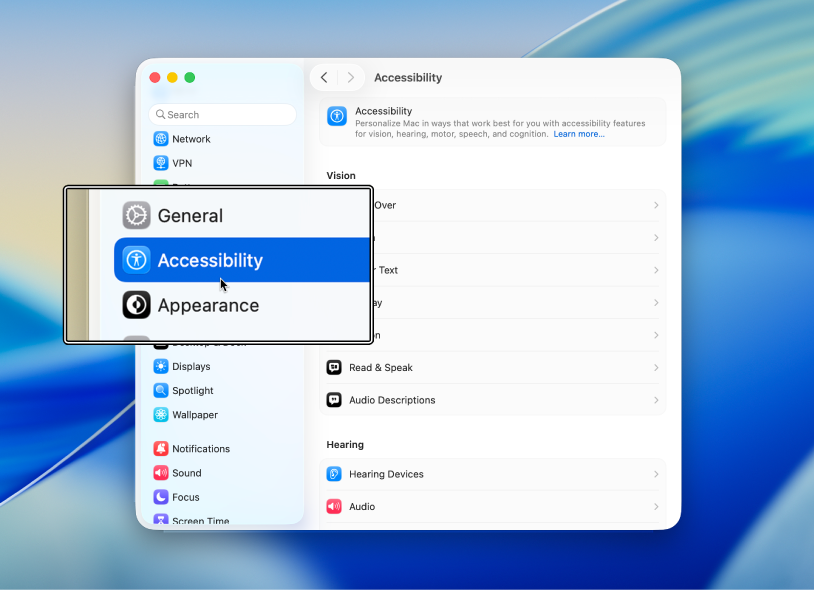 The Settings window is open on the desktop. An overlay shows a zoomed-in version of part of the window.