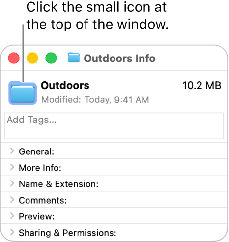 The Info window for a folder, showing the generic icon for the folder selected.