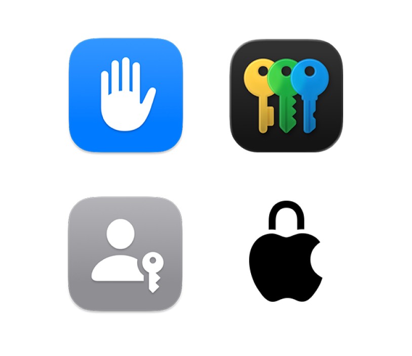 Four icons representing Privacy & Security, the Passwords app, Passkeys, and Privacy at Apple.