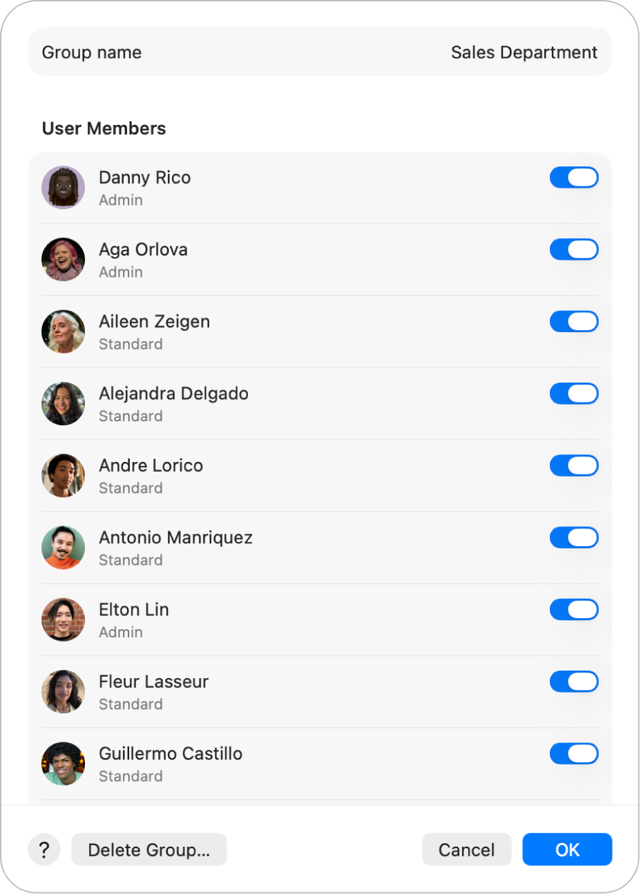 Options for a group in Users & Groups settings. To the right of each user is the option to include or exclude the user from the group. Along the bottom are the Help, Delete Group, Cancel, and OK buttons.