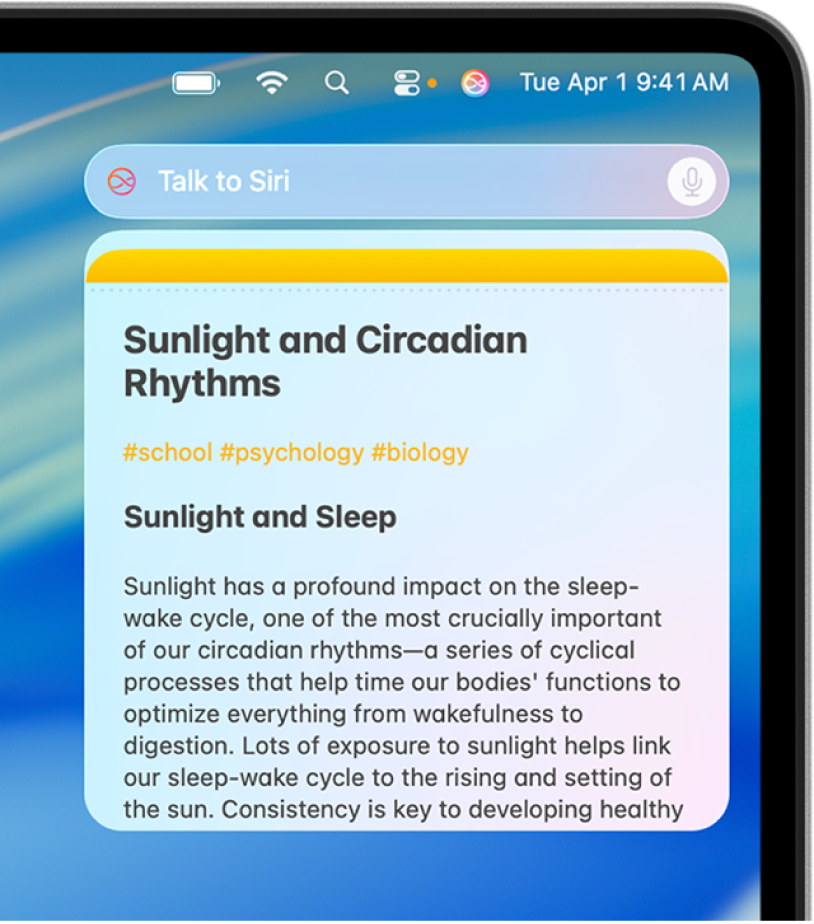 The Siri request field and response in the top-right corner of the Mac desktop.