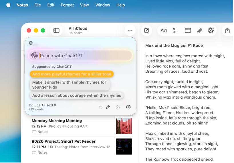 A Notes app window showing a story composed using Writing Tools and the Intelligence extension.