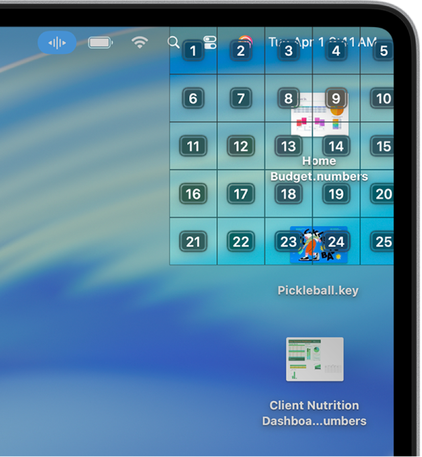 A grid is shown in the top-right corner of the screen, where Numbers and Keynote documents are located. Each cell in the grid is labeled with a number.