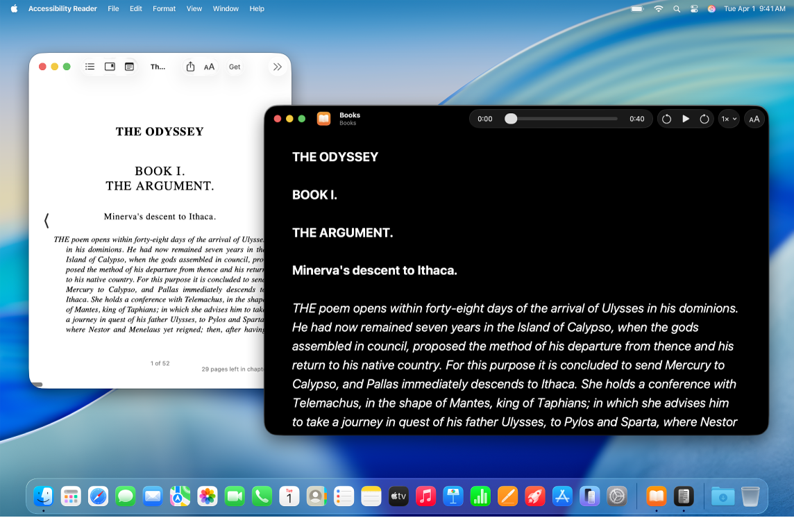 The Books app and Accessibility Reader windows are open on the desktop. Text from the Books app is displayed in Accessibility Reader in large font on a black background.