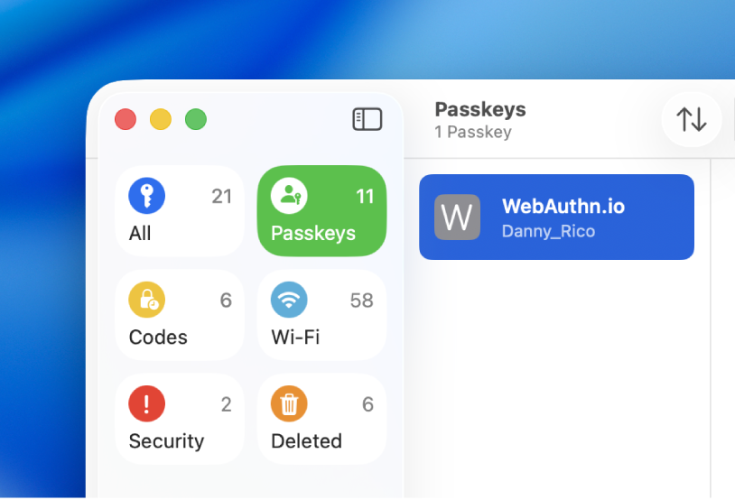 The Passwords app showing the Passkeys section.