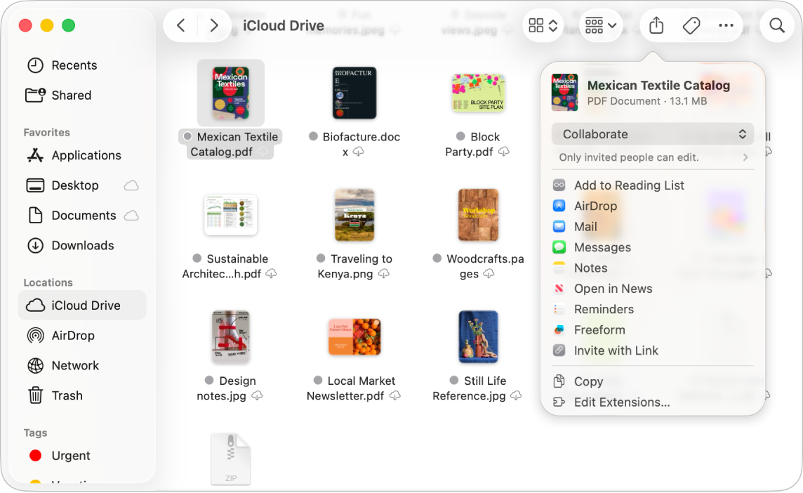 A Finder window showing files and folders in iCloud Drive. In the Share pop-up menu, Collaborate is selected.