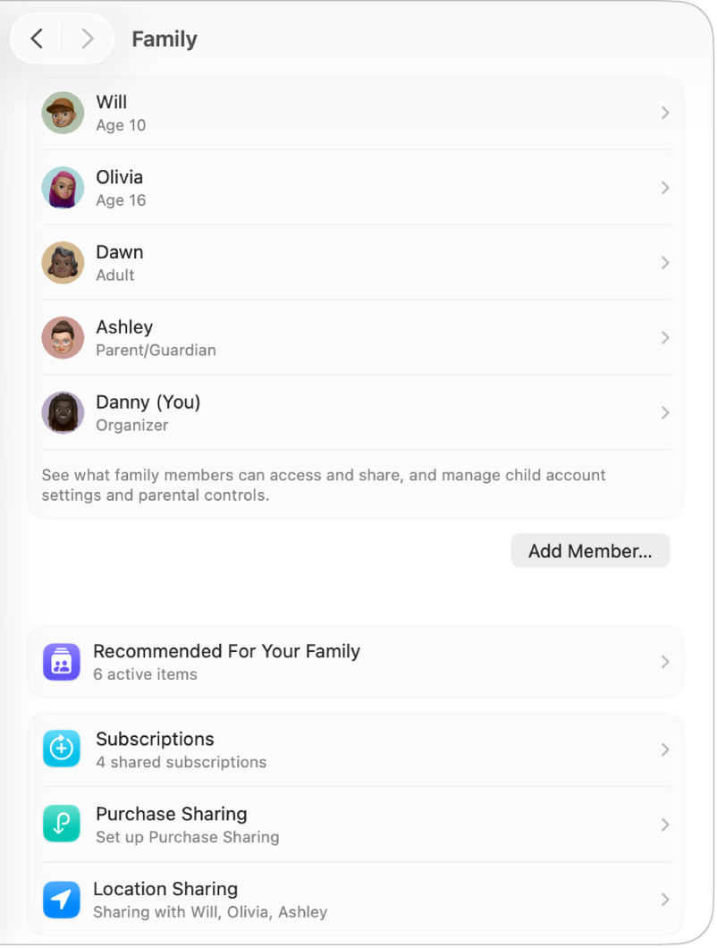 Family settings showing a list of family members for an existing account and different types of account options you can use with Family Sharing.