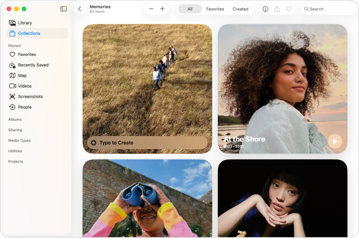 A Photos window on Mac showing the Memories collection with options to create a memory movie and watch previously created memories.