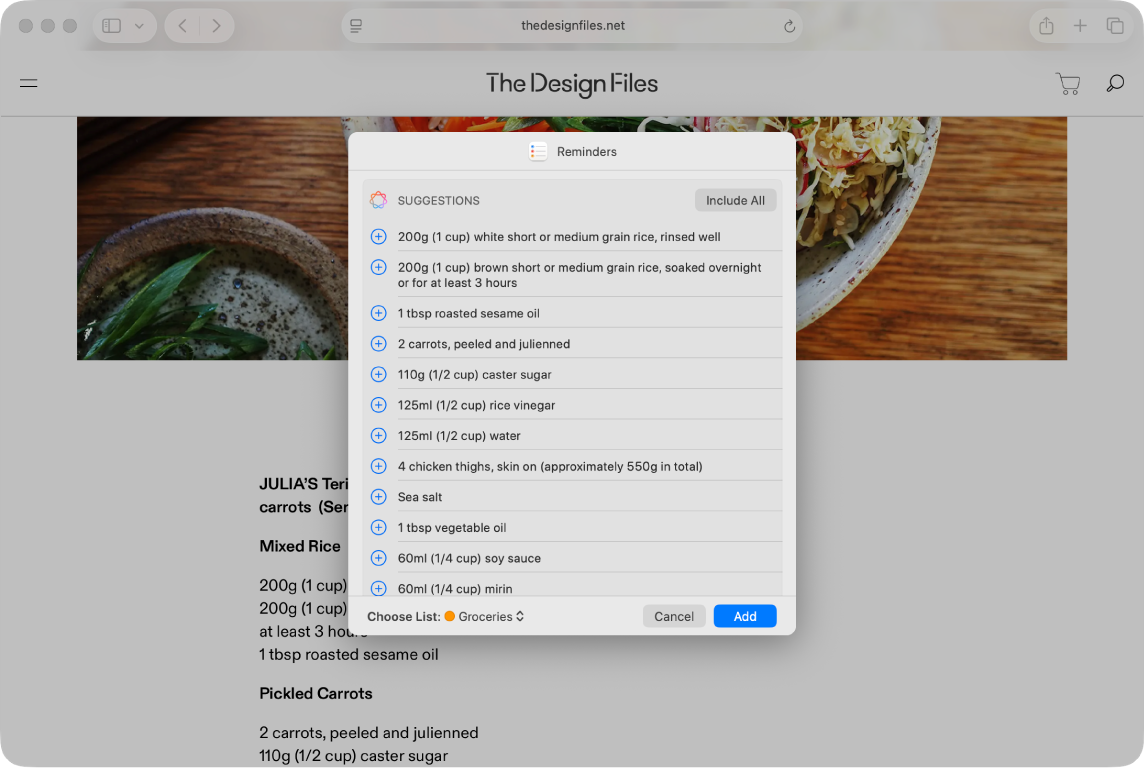 Suggested Reminders from a recipe open in Safari.