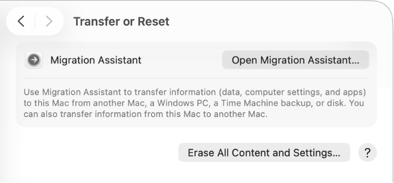 Transfer or Reset settings showing the Open Migration Assistant button and the Erase All Content and Settings button.