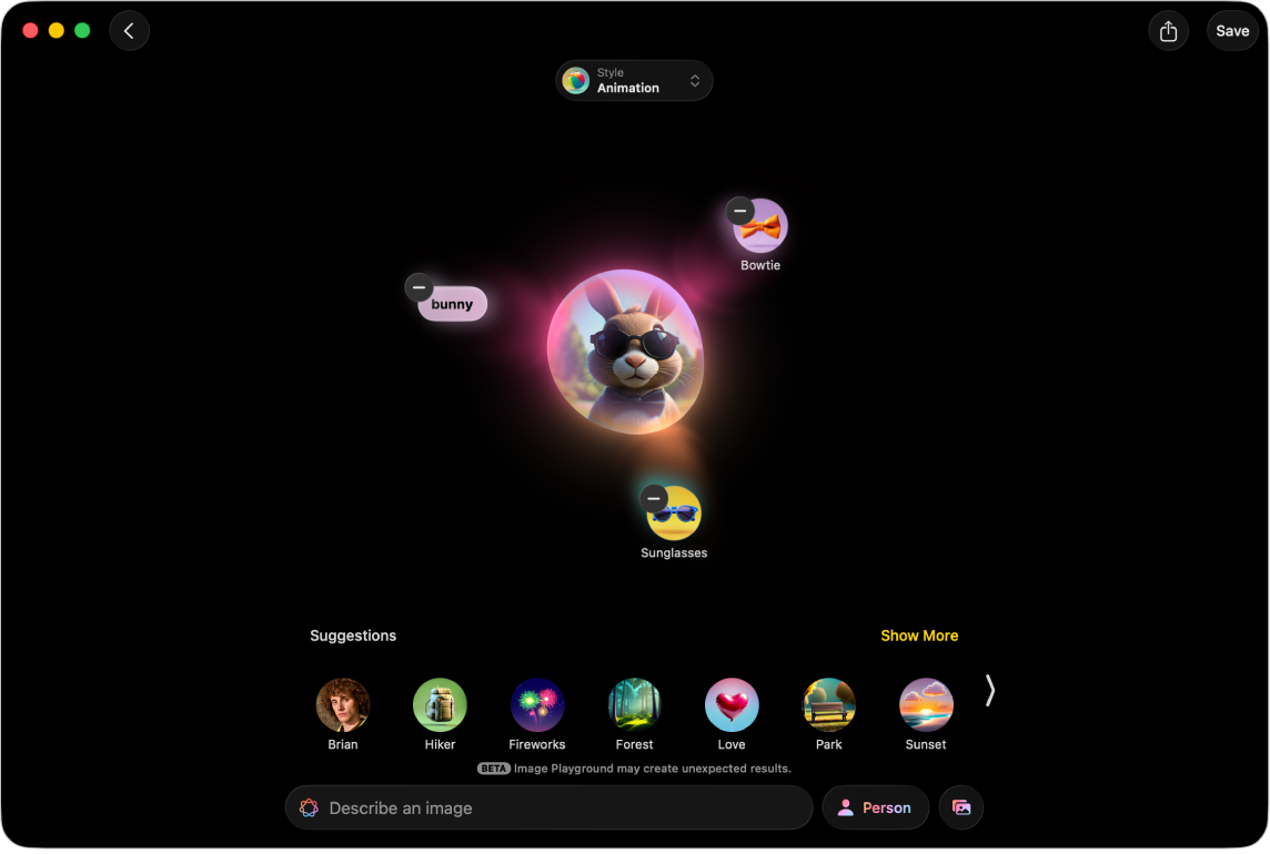 The Image Playground app window showing a created image of a bunny wearing sunglasses.