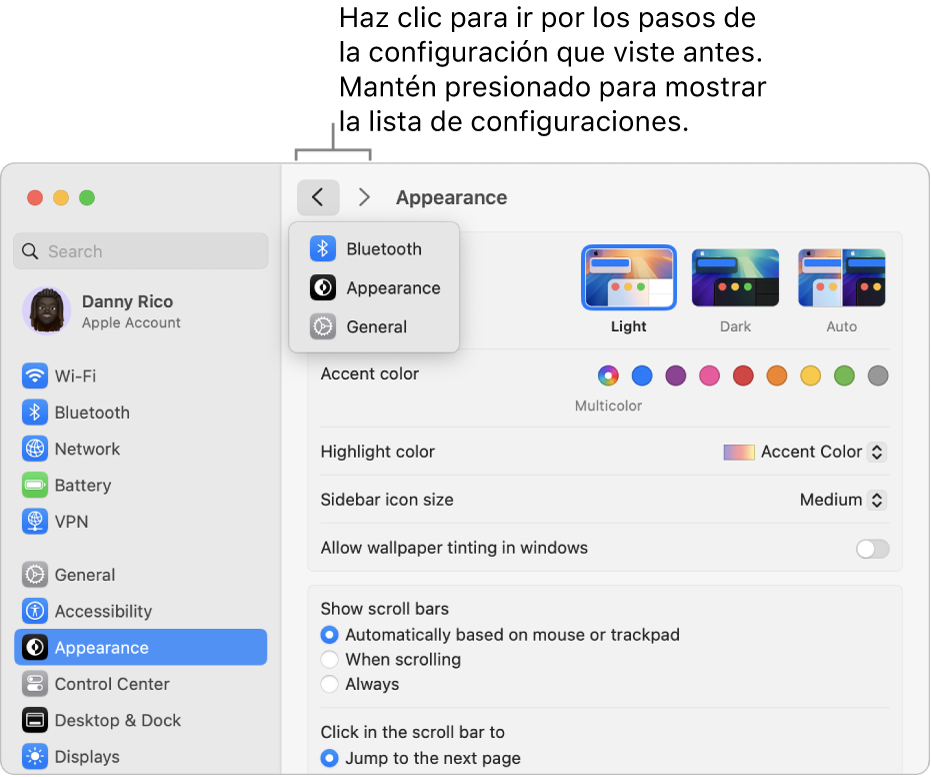 La ventana de Configuración del Sistema muestra la configuración vista recientemente debajo del botón Atrás.