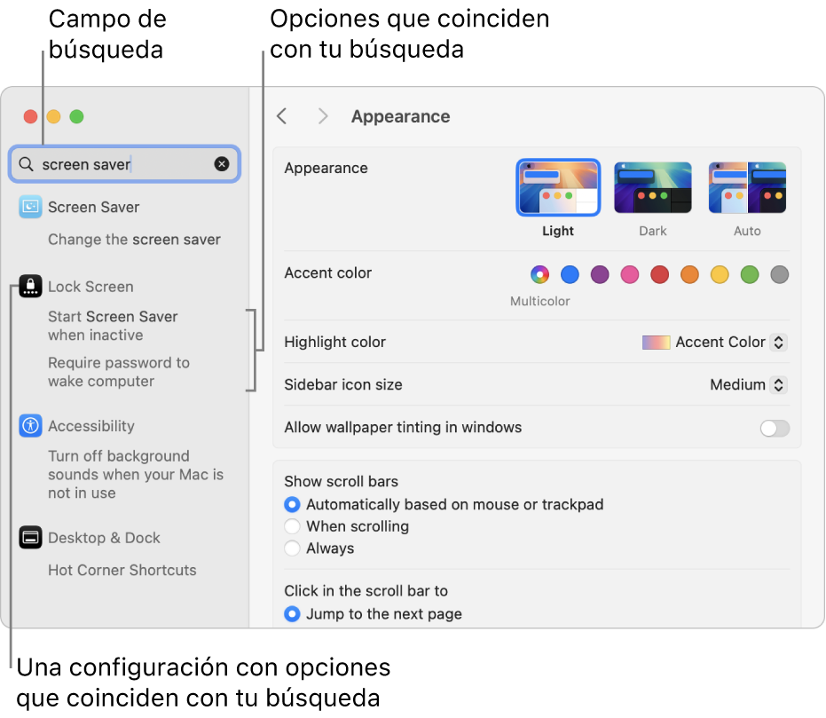 La ventana de Configuración del Sistema con las palabras protector de pantalla en el campo de búsqueda y una lista de los resultados coincidentes debajo del campo de búsqueda.
