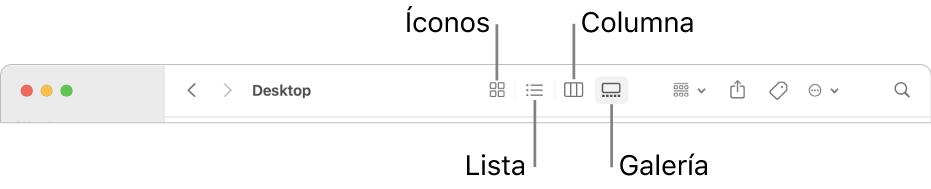 La parte superior de una ventana del Finder, mostrando los botones de la opción Visualización para una carpeta.