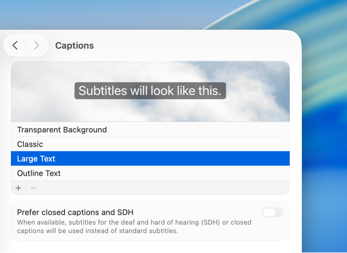 La ventana de configuración de subtítulos, mostrando un ejemplo de subtítulos con texto grande.