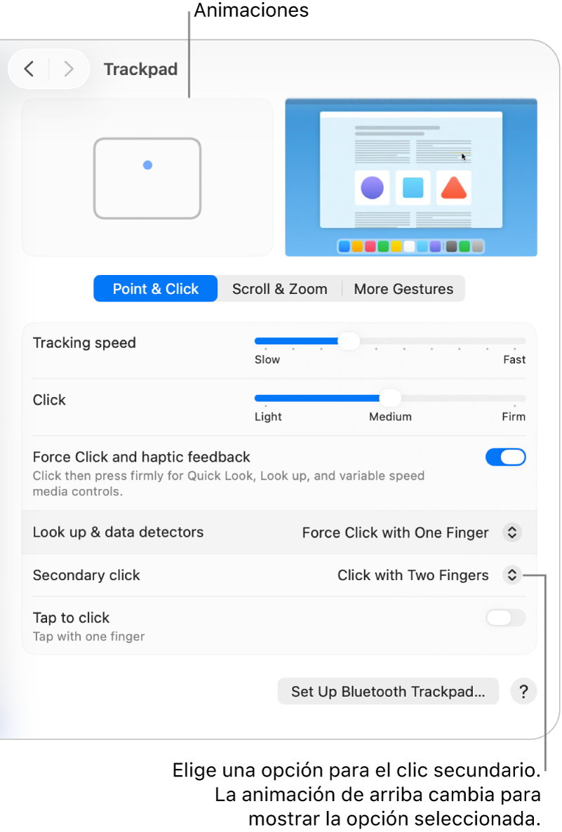 Las opciones del trackpad en Configuración del Sistema mostrando la opción de clic secundario establecida a Hacer clic con dos dedos, y la animación correspondiente