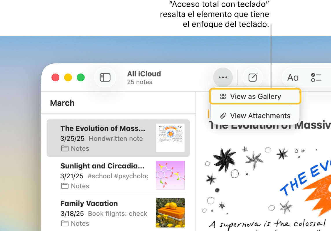 La app Notas está abierta con la barra de herramientas de Marcado visible. Acceso total con teclado agrega un contorno a la herramienta enfocada.