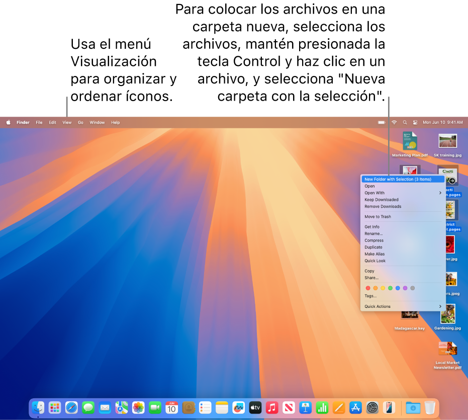Un escritorio mostrando archivos y carpetas. Varios archivos están seleccionados para colocarlos en una carpeta nueva. Se muestra una carpeta seleccionada con un clic mientras se mantiene la tecla Control presionada, y se eligió Nueva carpeta con la selección.