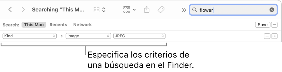 Una ventana del Finder con campos para especificar criterios de búsqueda.