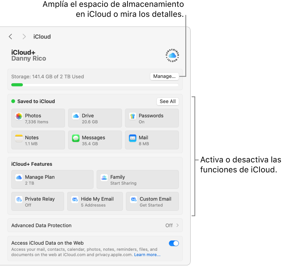 Ajustes de iCloud con todas las funciones activadas.