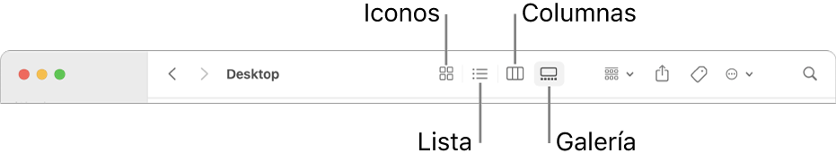 La parte superior de una ventana del Finder con los botones de las opciones de visualización de una carpeta.